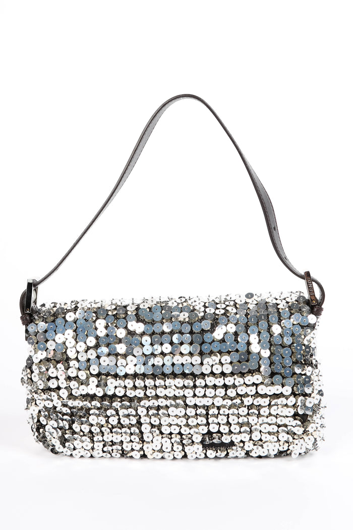 RARE Fendi Silver Sequin and Beaded Baguette Shoulder Bag