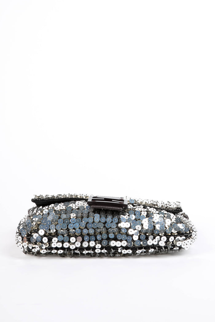 RARE Fendi Silver Sequin and Beaded Baguette Shoulder Bag