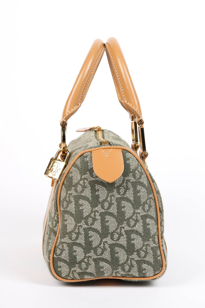 2000s Christian Dior Green Monogram Canvas Small Boston Bag