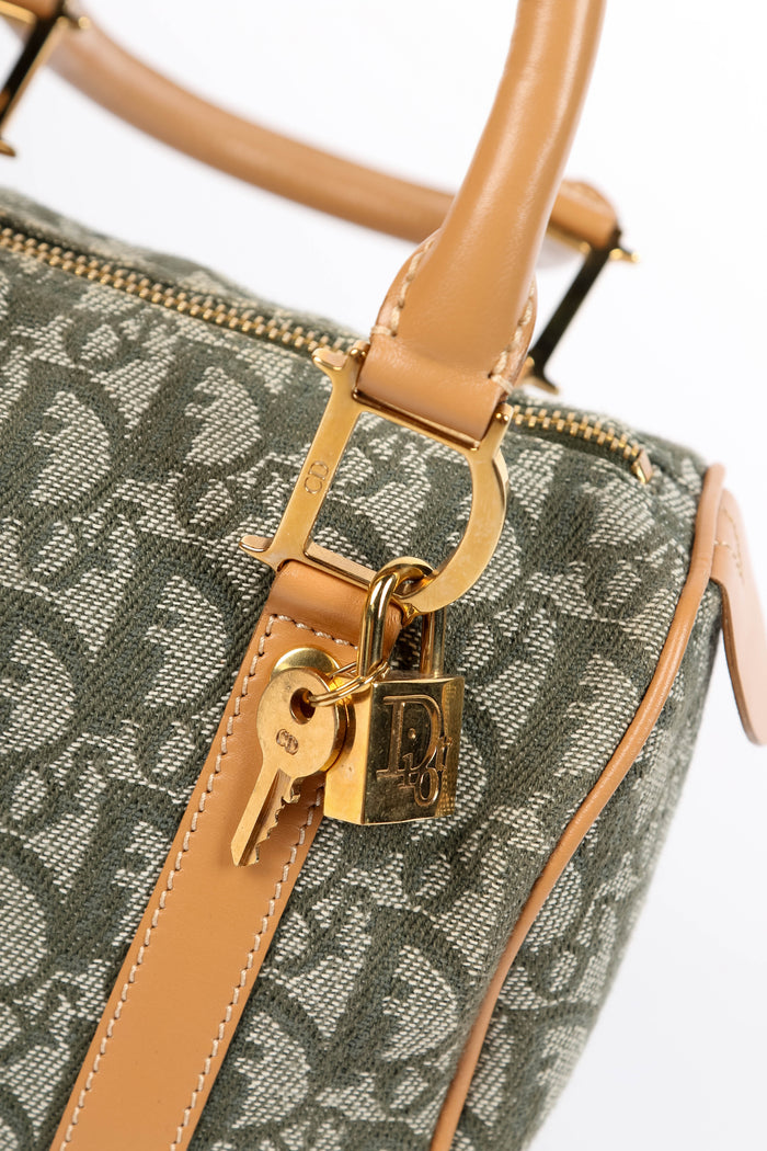 2000s Christian Dior Green Monogram Canvas Small Boston Bag