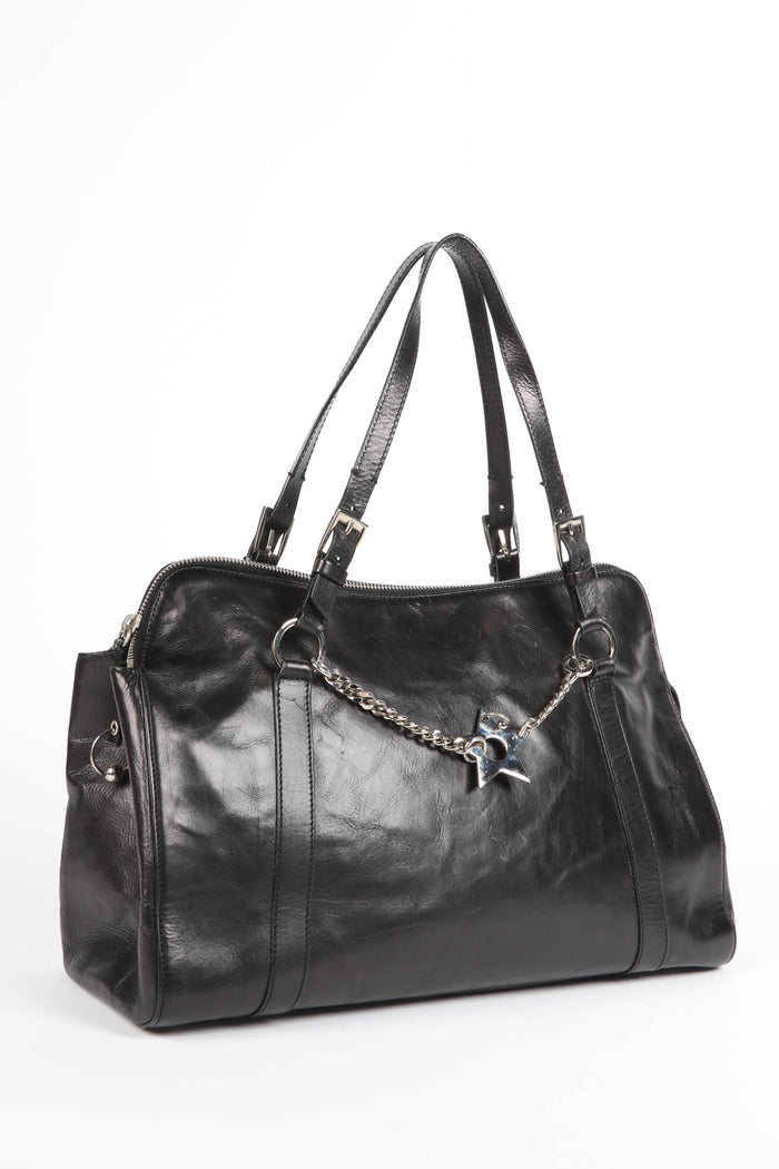 RARE Christin Dior Black Leather Hardcore Piercing Large Shoulder Bag