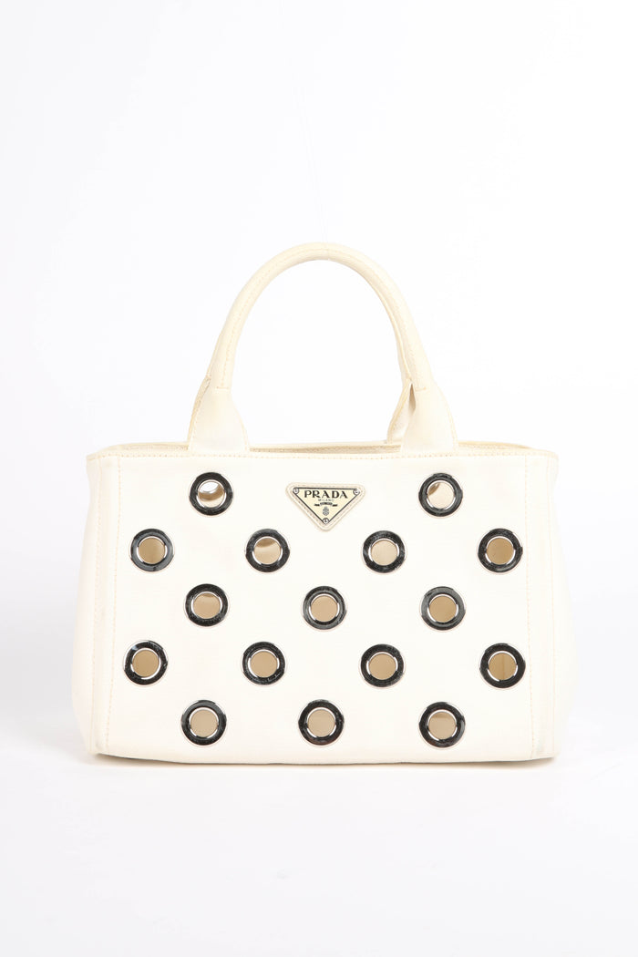 Vintage Prada White Grommet Small Canapa Tote