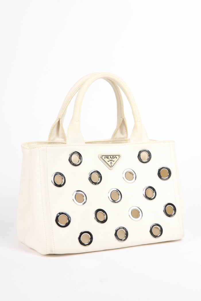 Vintage Prada White Grommet Small Canapa Tote