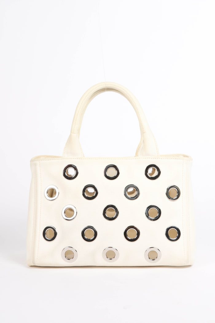Vintage Prada White Grommet Small Canapa Tote