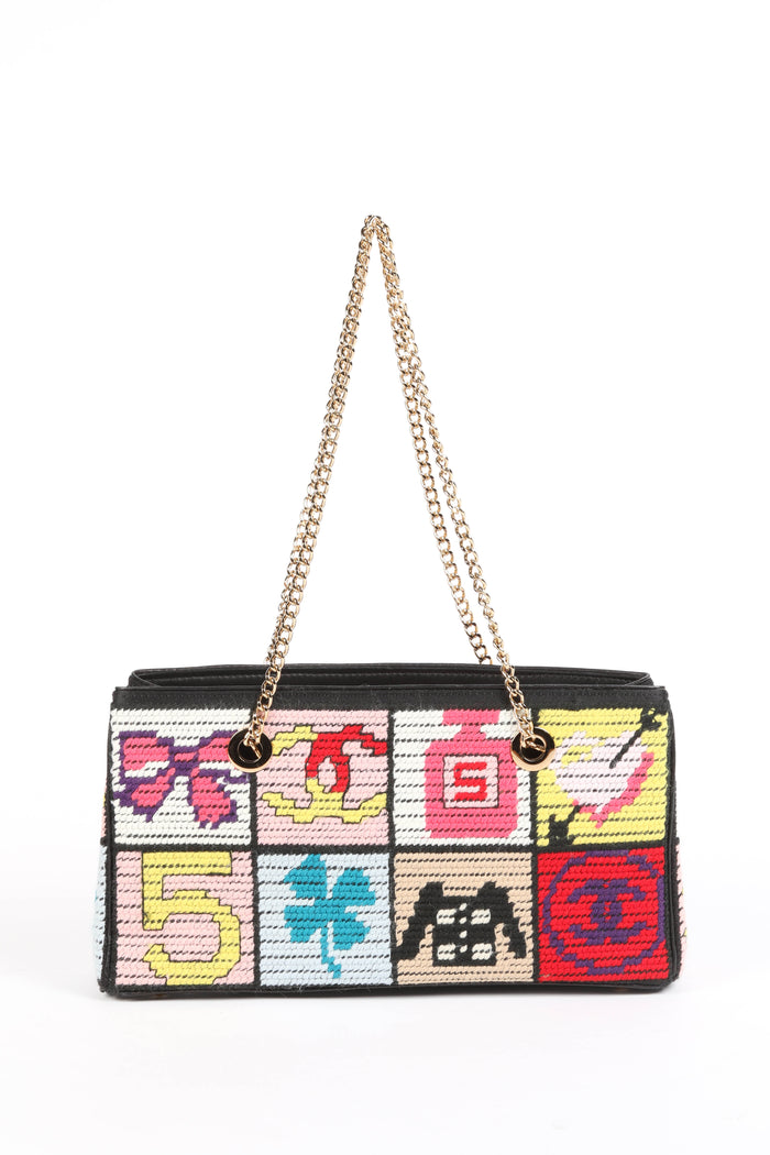 2000s Chanel Embroidered Multicolour Icon Shoulder Bag