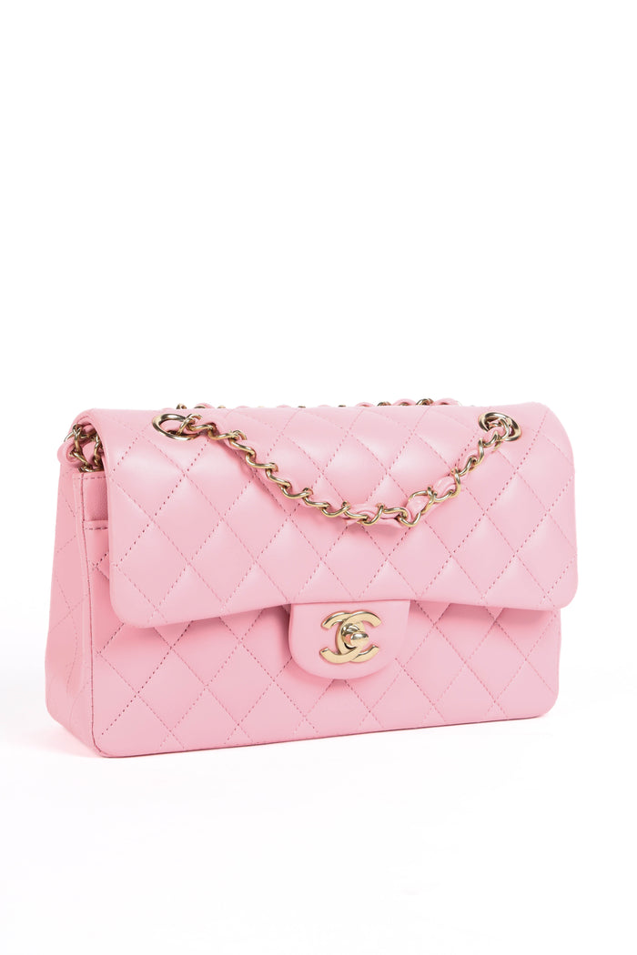 RARE 2020s Chanel Pink Lambskin Leather Small Classic Double Flap Bag