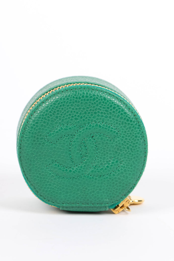 Vintage Chanel Green Caviar Leather Round Jewellery Case