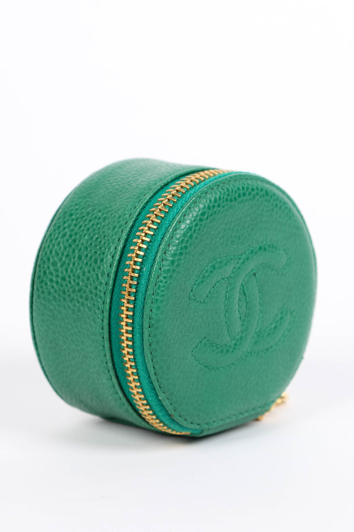 Vintage Chanel Green Caviar Leather Round Jewellery Case