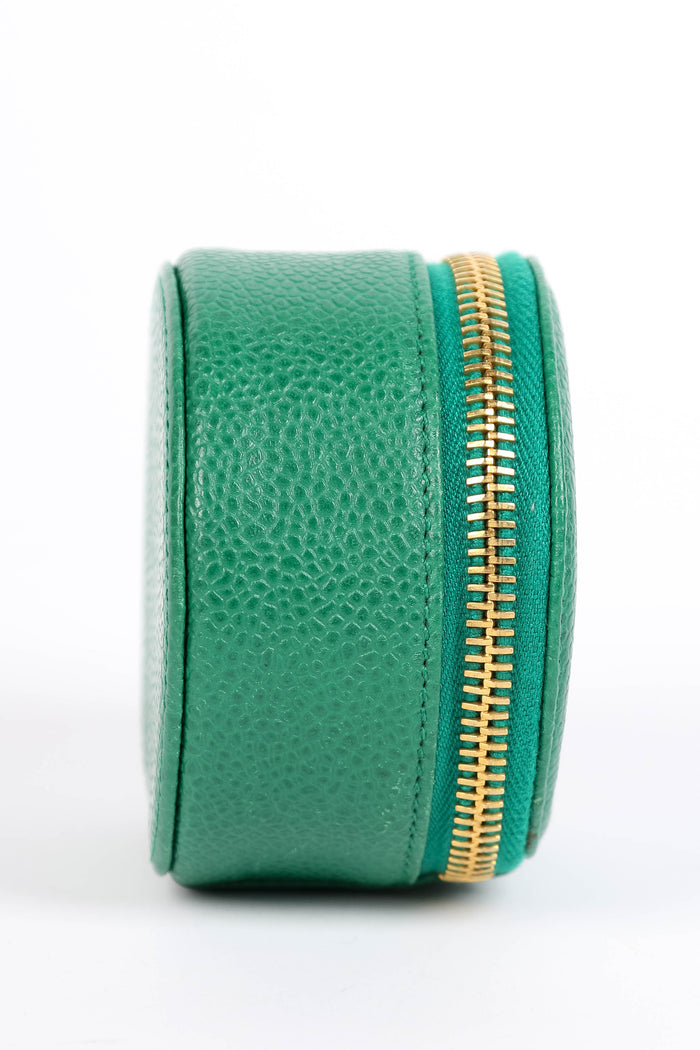 Vintage Chanel Green Caviar Leather Round Jewellery Case