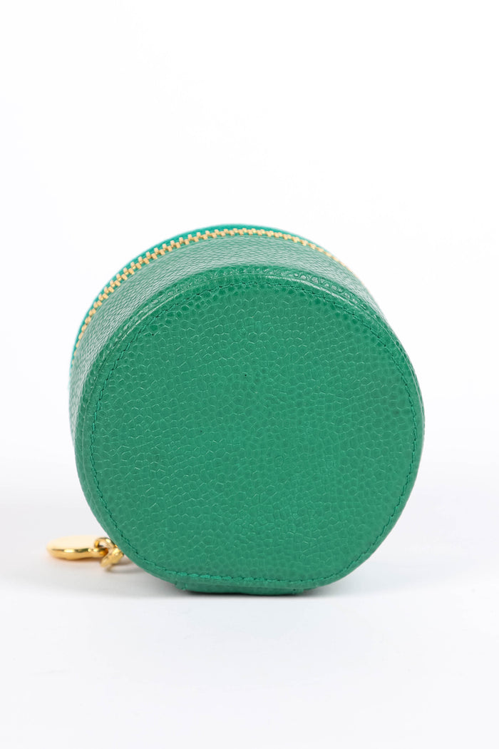 Vintage Chanel Green Caviar Leather Round Jewellery Case