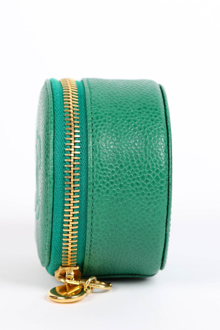 Vintage Chanel Green Caviar Leather Round Jewellery Case