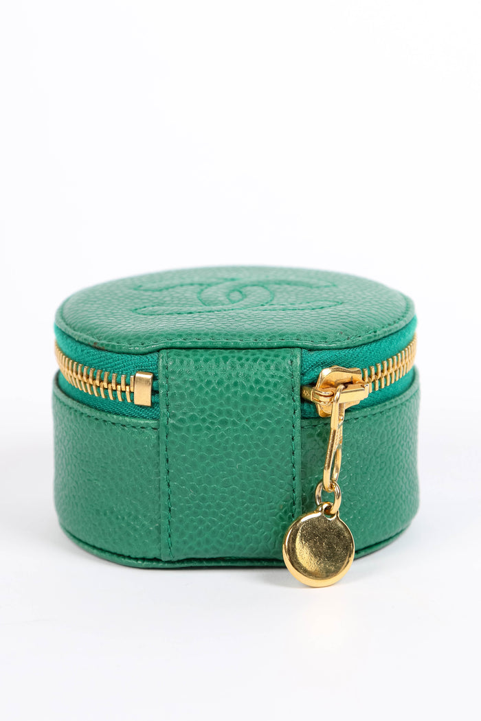 Vintage Chanel Green Caviar Leather Round Jewellery Case