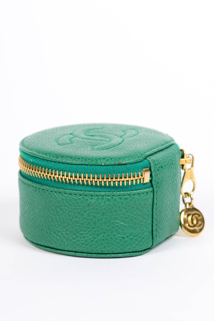 Vintage Chanel Green Caviar Leather Round Jewellery Case