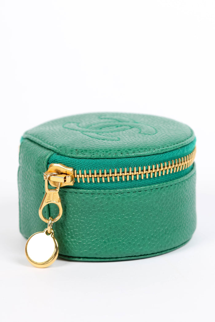 Vintage Chanel Green Caviar Leather Round Jewellery Case