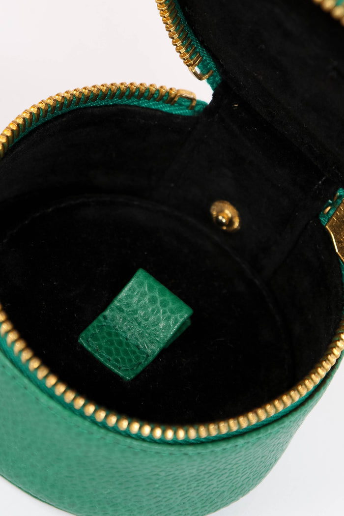 Vintage Chanel Green Caviar Leather Round Jewellery Case