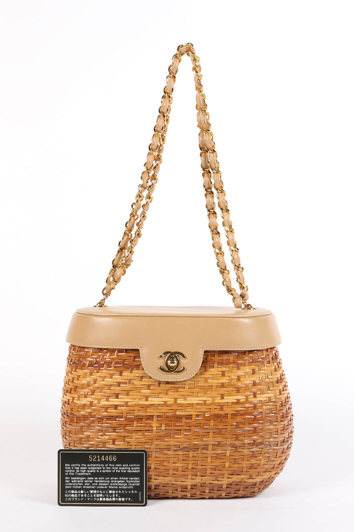 RARE 90s Chanel Beige Leather Basket Shoulder Bag
