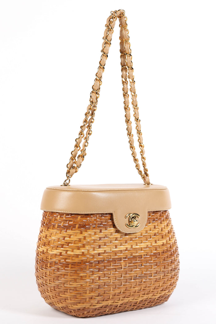 RARE 90s Chanel Beige Leather Basket Shoulder Bag