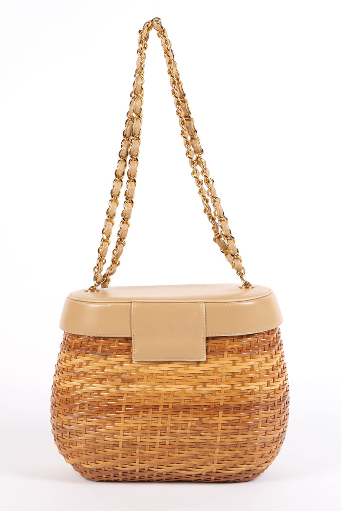 RARE 90s Chanel Beige Leather Basket Shoulder Bag