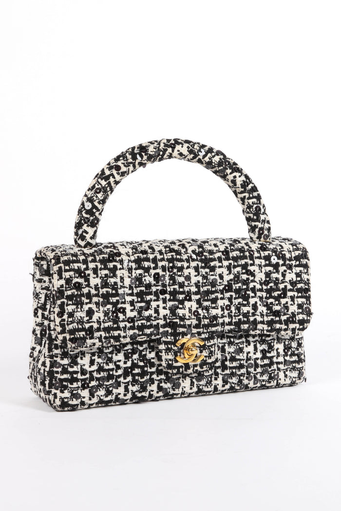 SUPER RARE 90s Chanel Sequin Tweed Top Handle Bag