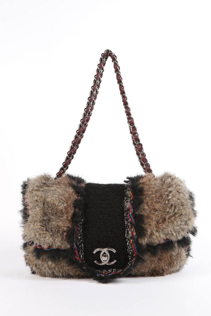 2000s Chanel Fantasy Fur and Tweed Large Single Flap Bag