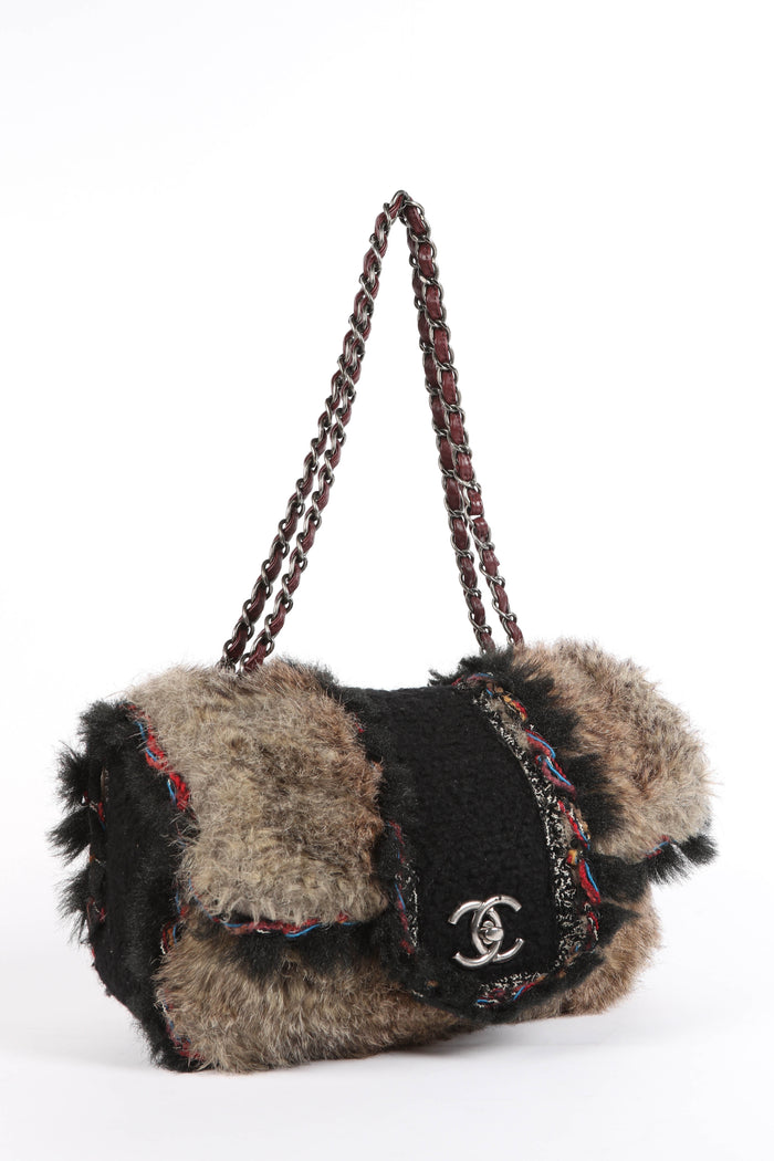 2000s Chanel Fantasy Fur and Tweed Large Single Flap Bag