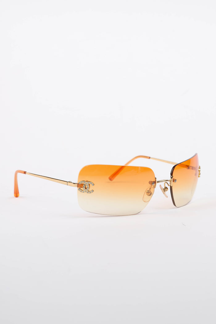 2000s Chanel Orange Gradient Diamanté Rectangular Sunglasses