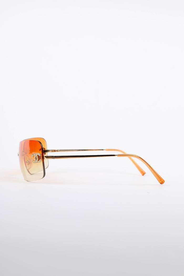 2000s Chanel Orange Gradient Diamanté Rectangular Sunglasses
