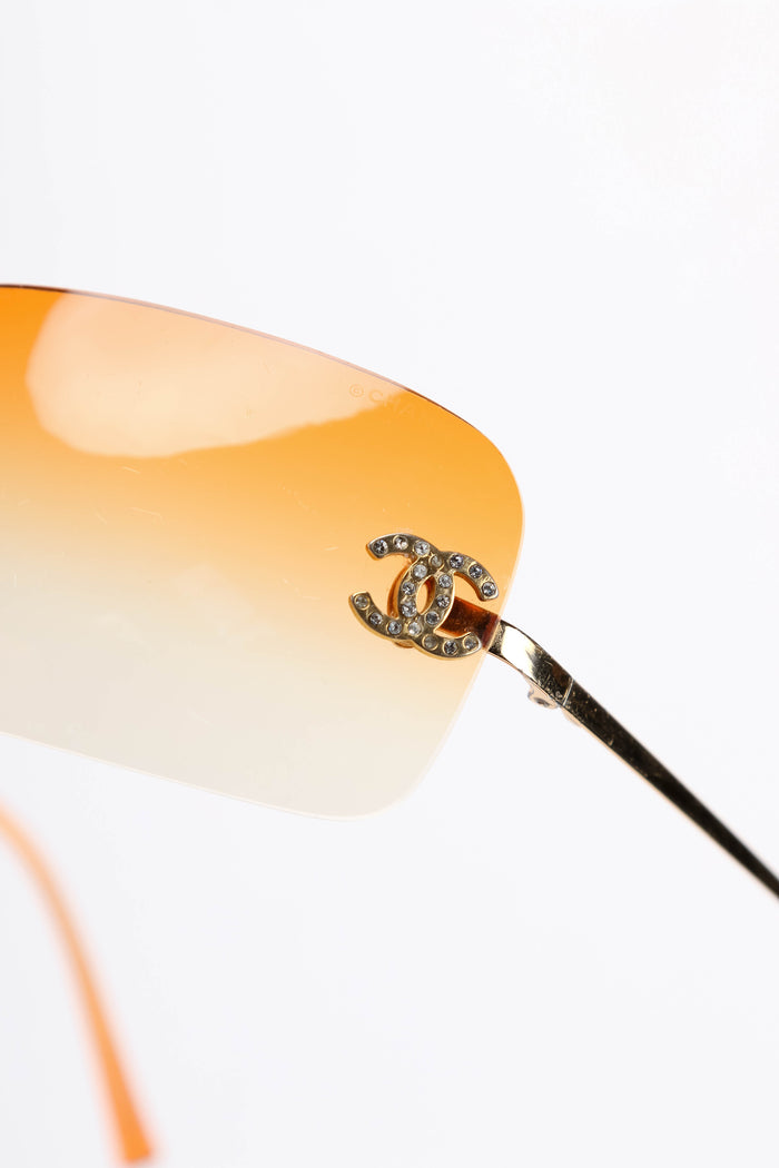 2000s Chanel Orange Gradient Diamanté Rectangular Sunglasses