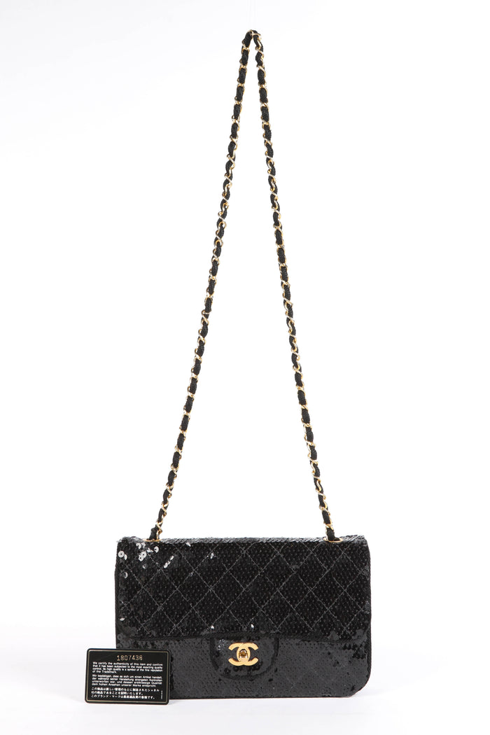 RARE 90s Chanel Black Sequin Single Flap Shoulder Bag