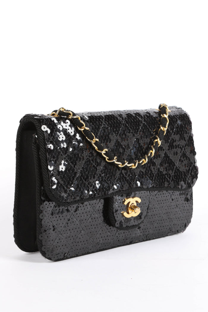 RARE 90s Chanel Black Sequin Single Flap Shoulder Bag