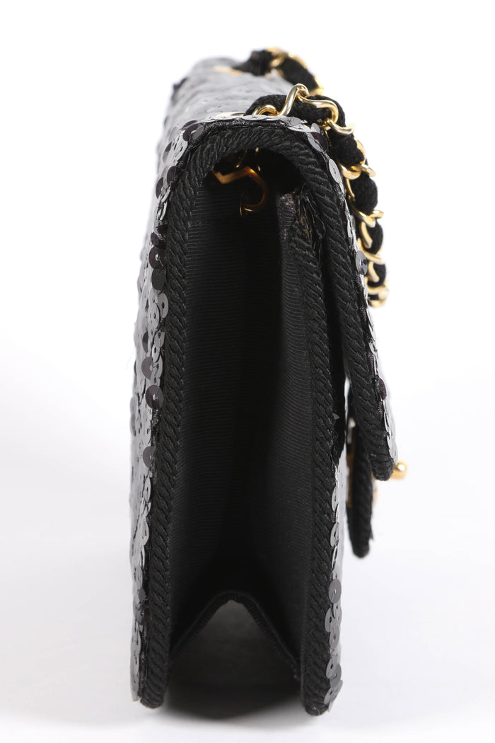 RARE 90s Chanel Black Sequin Single Flap Shoulder Bag