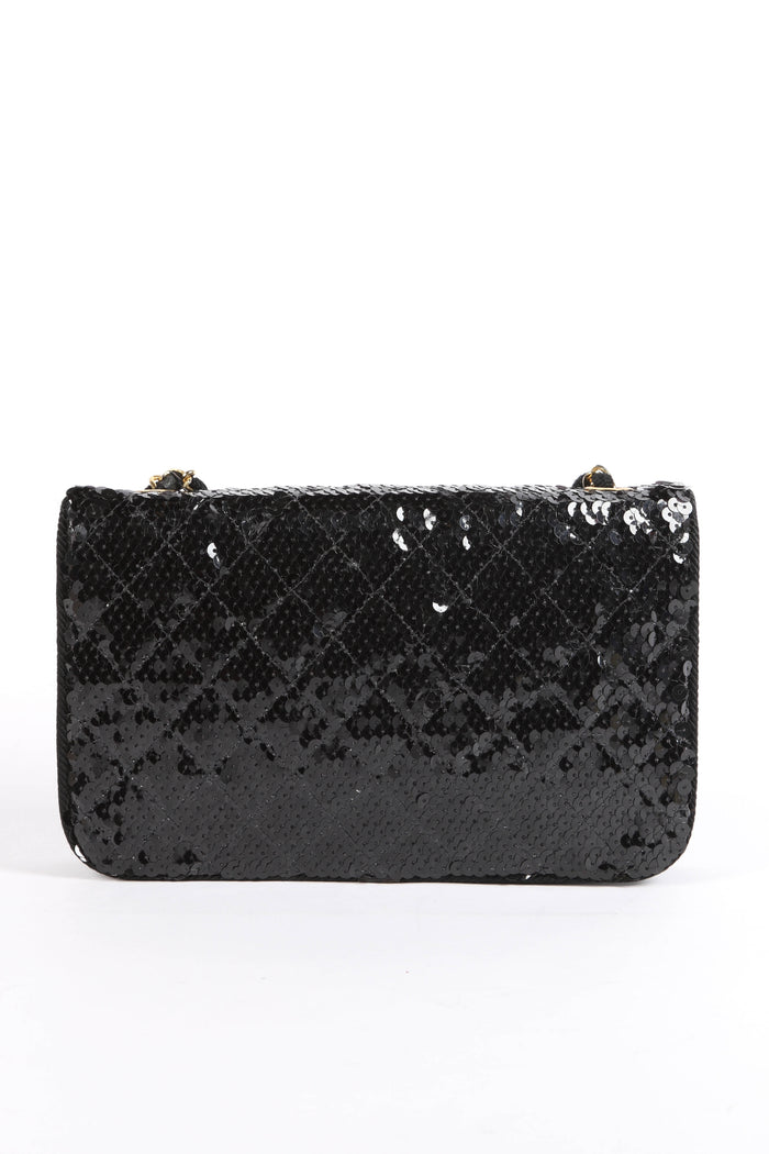 RARE 90s Chanel Black Sequin Single Flap Shoulder Bag