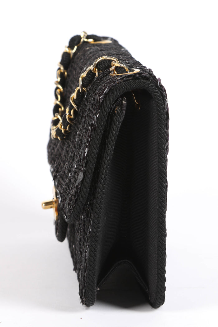 RARE 90s Chanel Black Sequin Single Flap Shoulder Bag