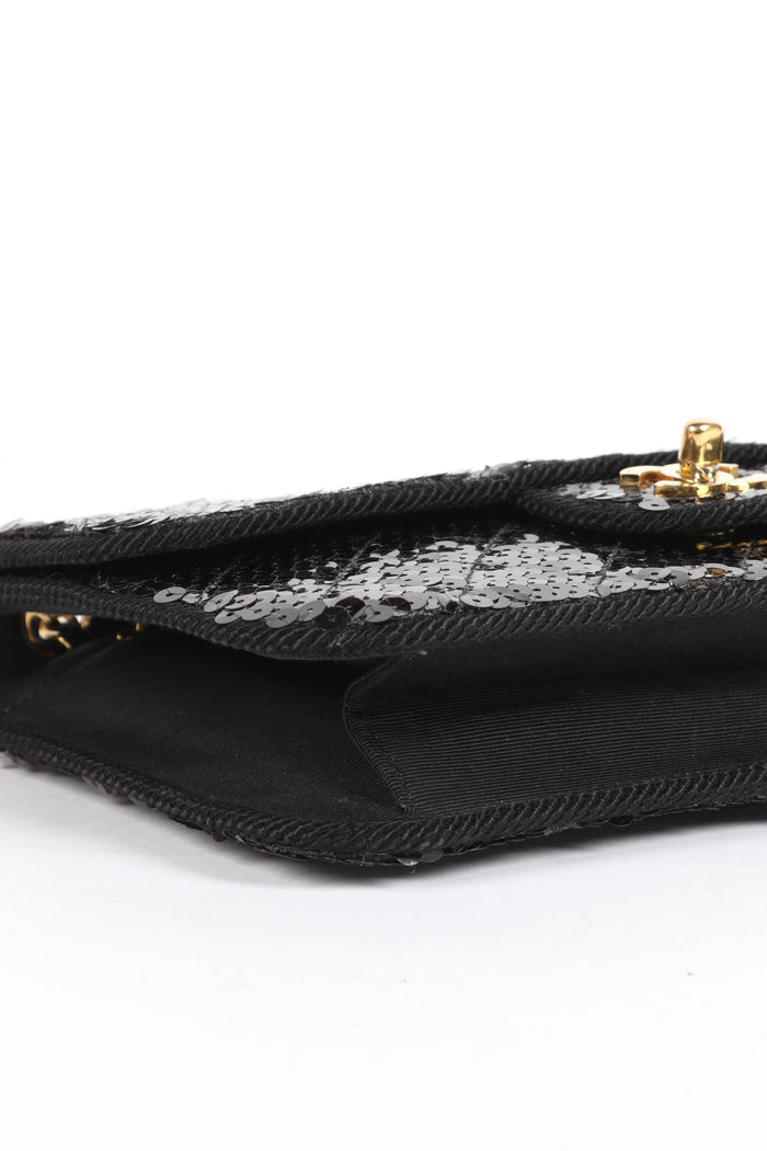 RARE 90s Chanel Black Sequin Single Flap Shoulder Bag