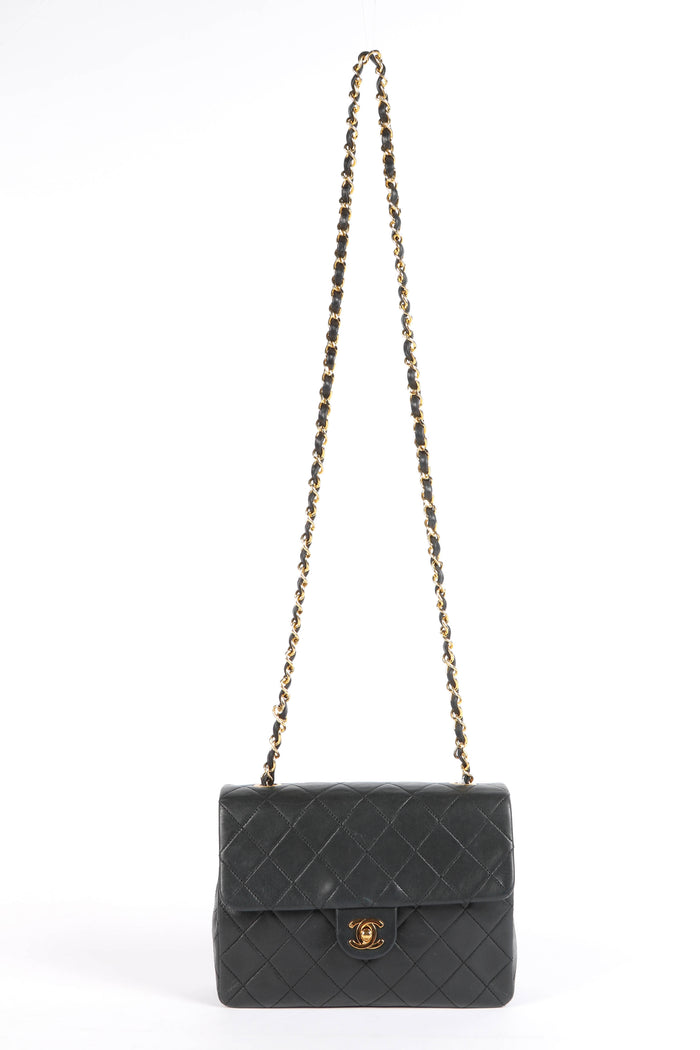 90s Chanel Black Lambskin Mini Square Crossbody Bag