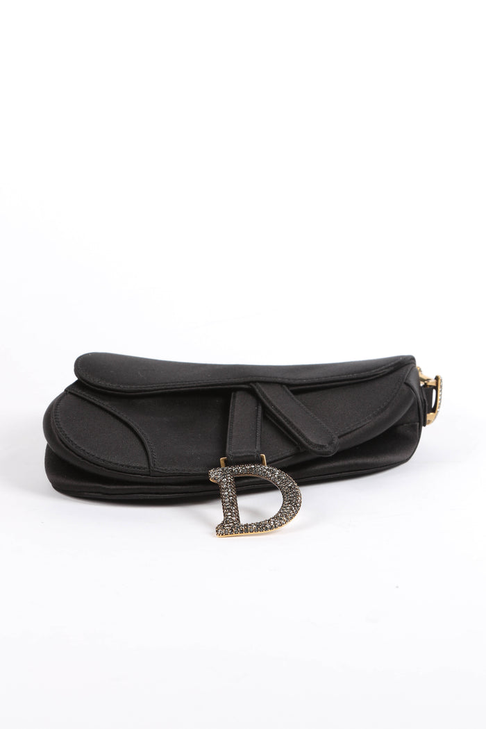 RARE Christian Dior Black Satin Embellished  Mini Saddle Bag