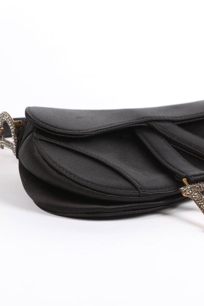 RARE Christian Dior Black Satin Embellished  Mini Saddle Bag