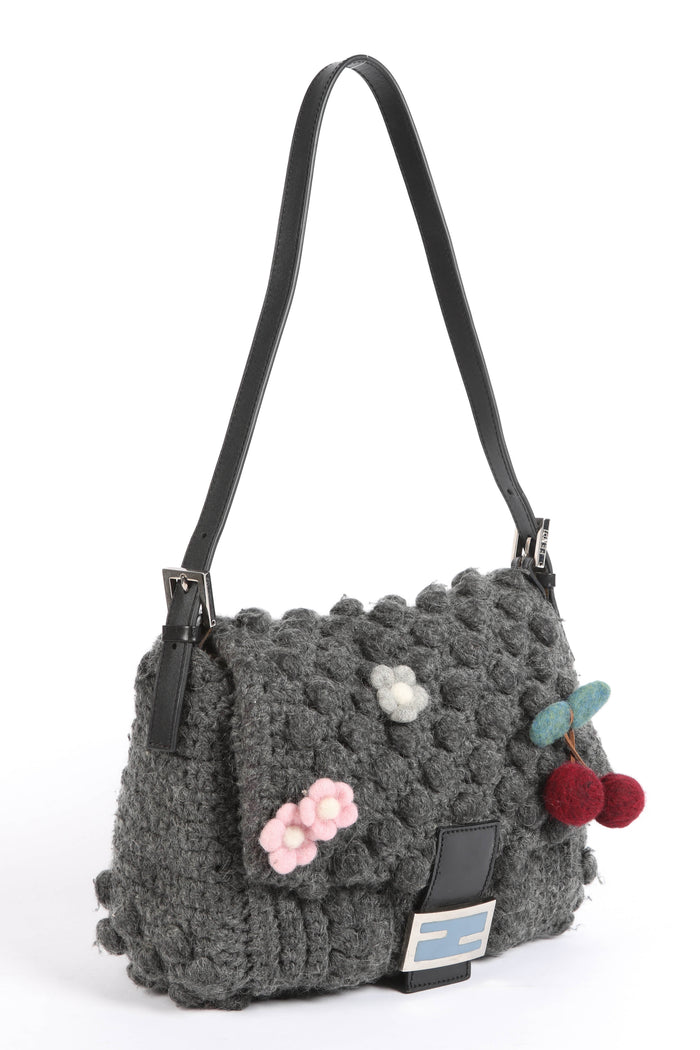 Vintage Fendi Grey Knitted Floral Embellished Mamma Baguette Shoulder Bag