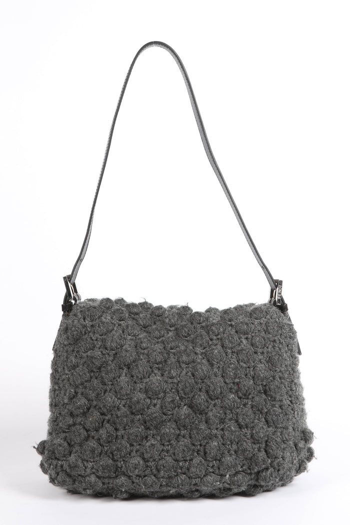 Vintage Fendi Grey Knitted Floral Embellished Mamma Baguette Shoulder Bag