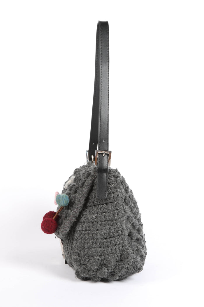 Vintage Fendi Grey Knitted Floral Embellished Mamma Baguette Shoulder Bag