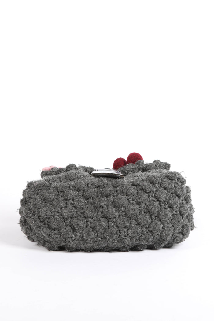 Vintage Fendi Grey Knitted Floral Embellished Mamma Baguette Shoulder Bag