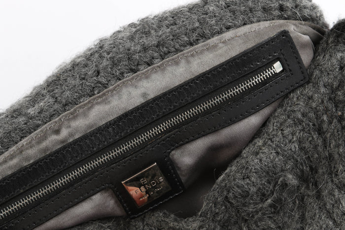 Vintage Fendi Grey Knitted Floral Embellished Mamma Baguette Shoulder Bag