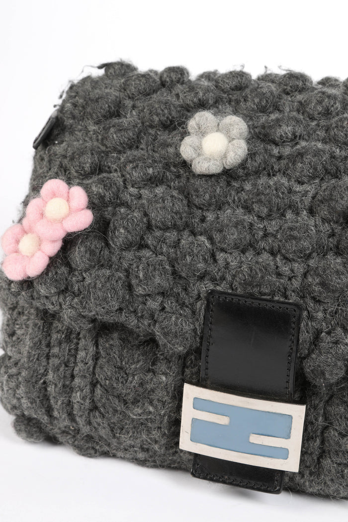 Vintage Fendi Grey Knitted Floral Embellished Mamma Baguette Shoulder Bag