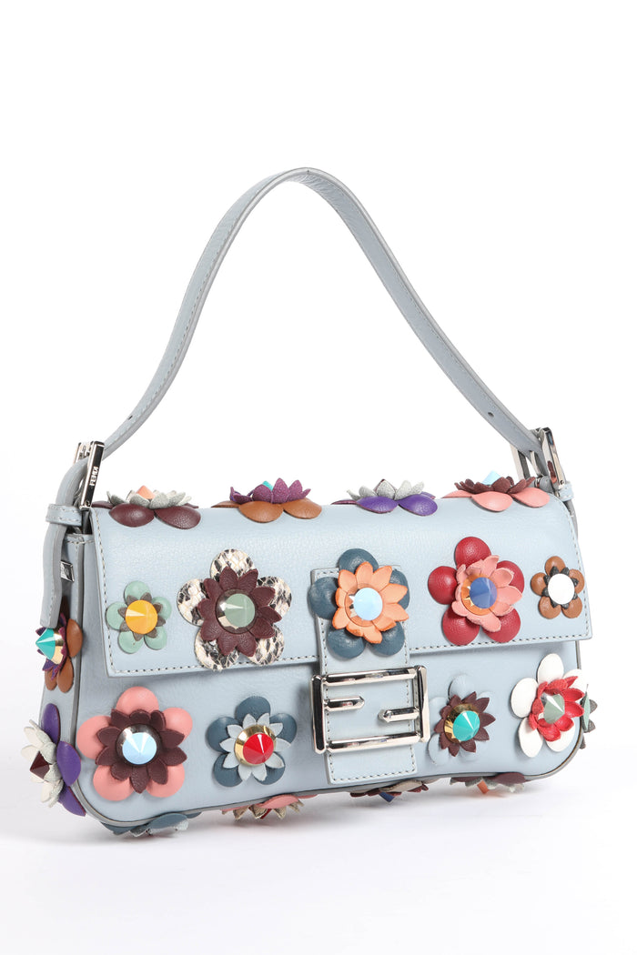2023 Fendi Blue Flowerland Baguette Shoulder Bag