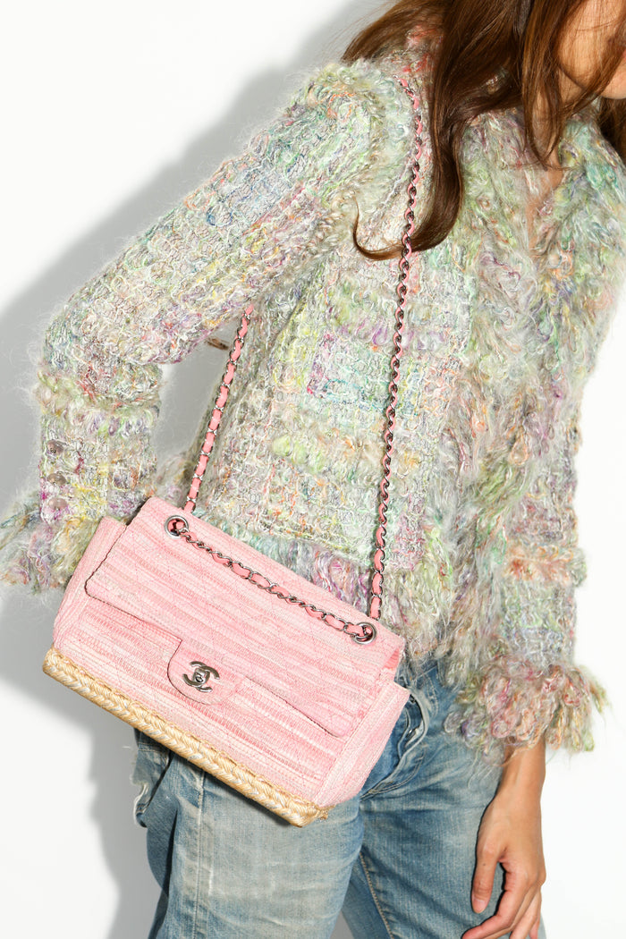 2010s Chanel Pink Raffia Espadrille Single Flap Bag