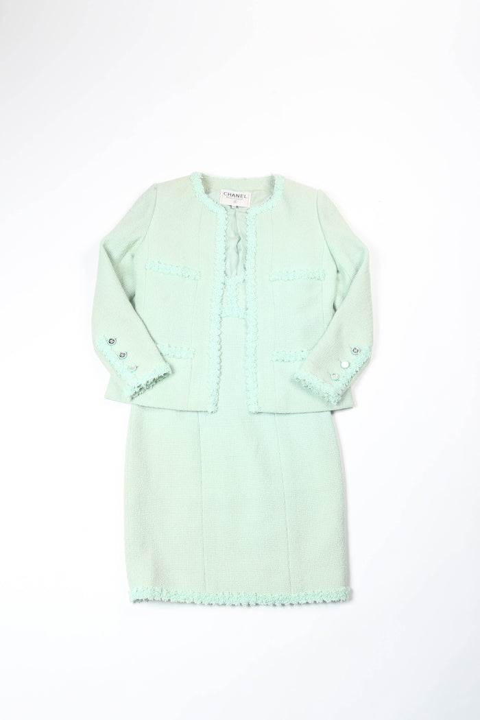 90s Chanel Mint Green Tweed Blazer and Midi Dress Set FR 38 (UK 10)
