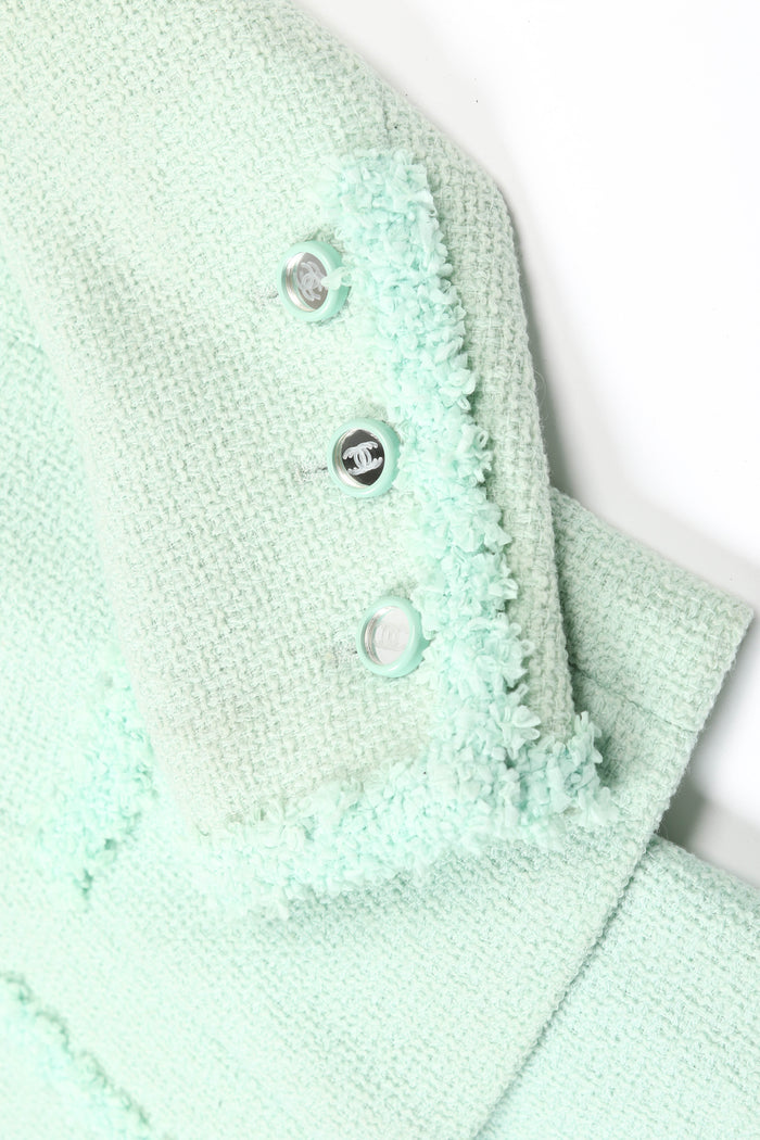 90s Chanel Mint Green Tweed Blazer and Midi Dress Set FR 38 (UK 10)