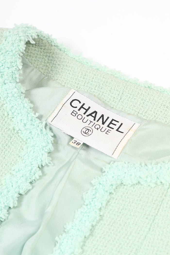 90s Chanel Mint Green Tweed Blazer and Midi Dress Set FR 38 (UK 10)