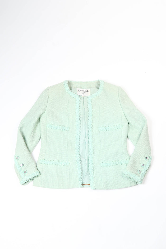 90s Chanel Mint Green Tweed Blazer and Midi Dress Set FR 38 (UK 10)