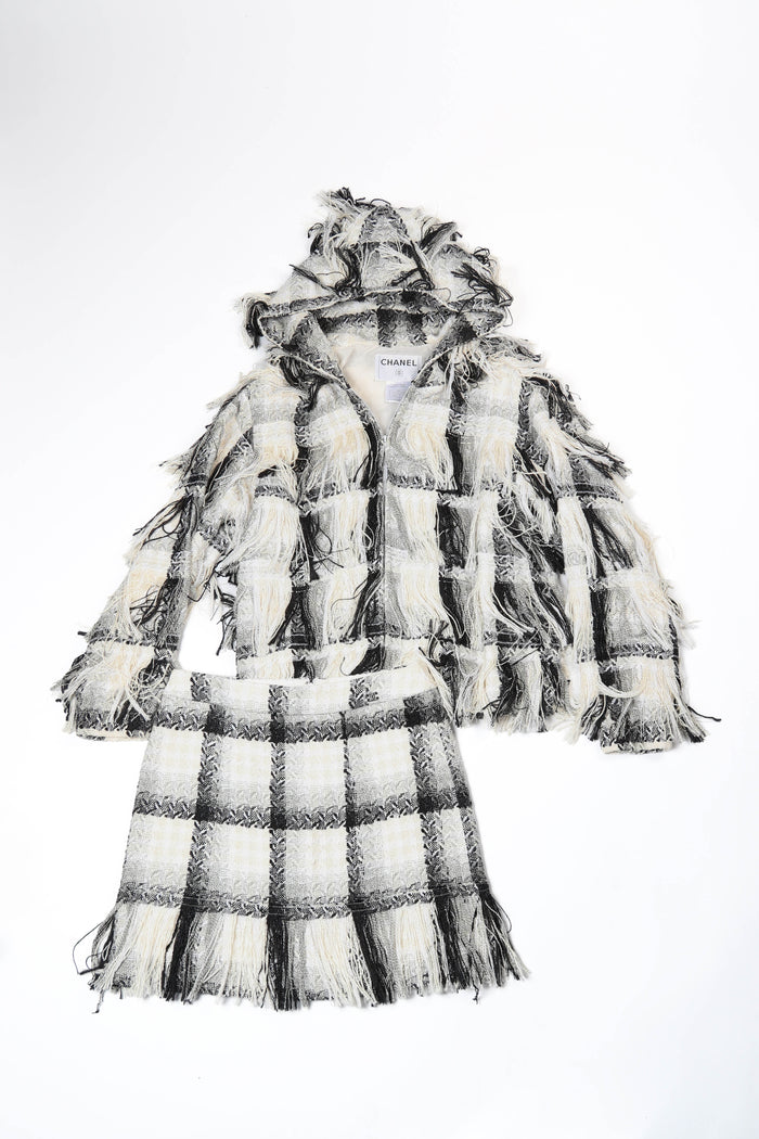 2000s Chanel Black & White Fringe Tweed Jacket and Skirt Set FR36